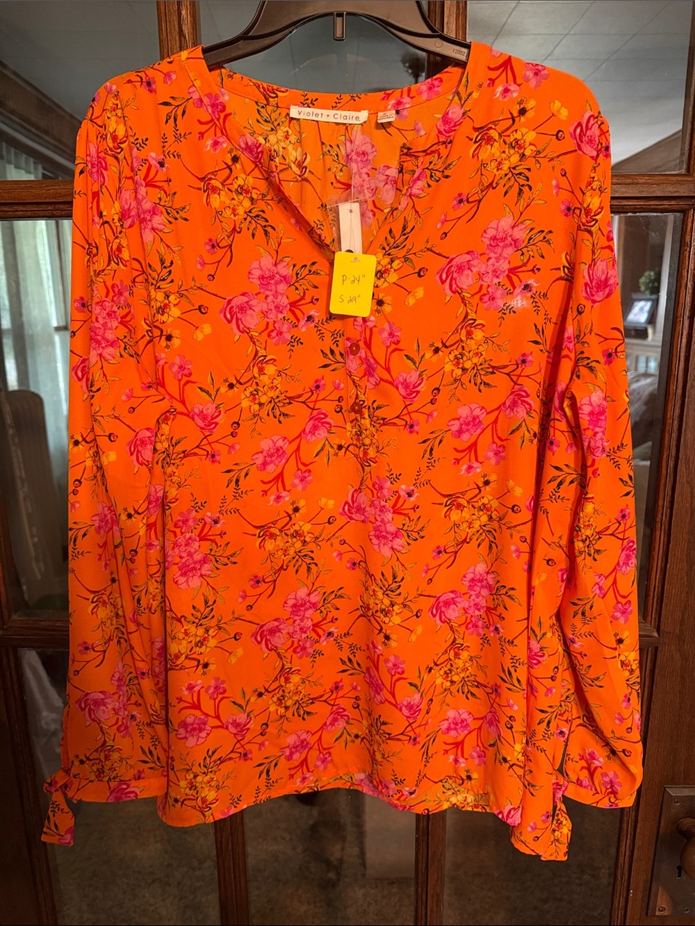 Violet + Claire Orange Floral Long Sleeve Split Neck Blouse Tie Cuff XL NEW Boho